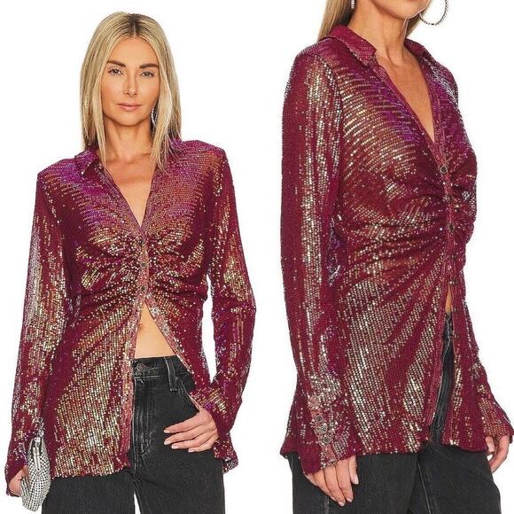 NWT Free People Sequin Shirt Shirtee Blouse Top Semi Sheer Size Small - Picture 1 of 8